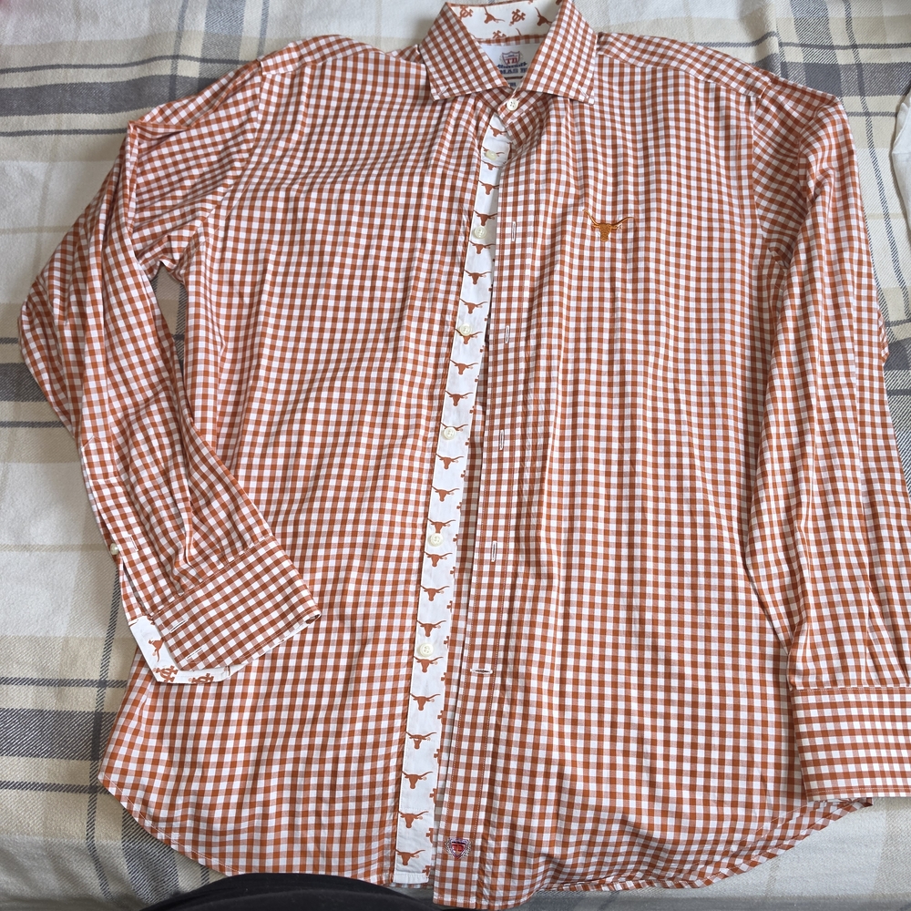 Thomas Dean Orange & White Gingham Dress Shirt